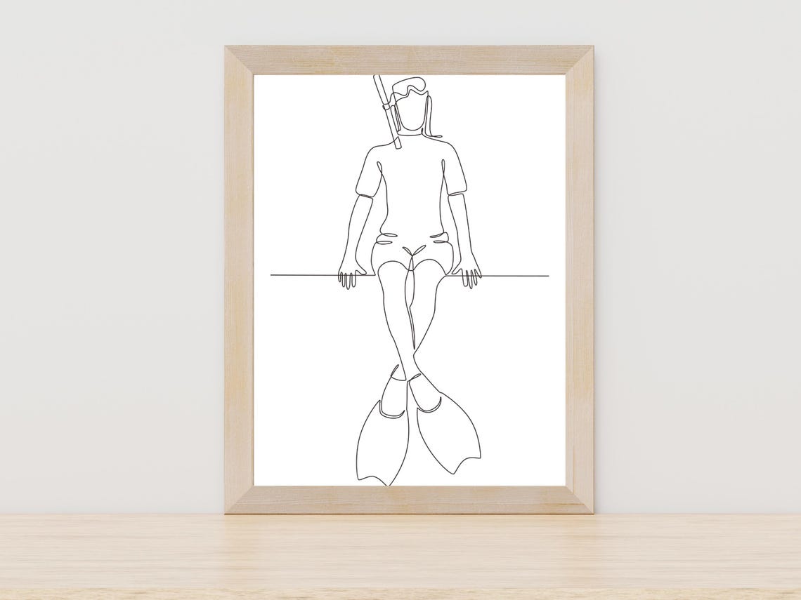 Scuba Diver Single Line Art Minimalist Ocean Adventure Poster