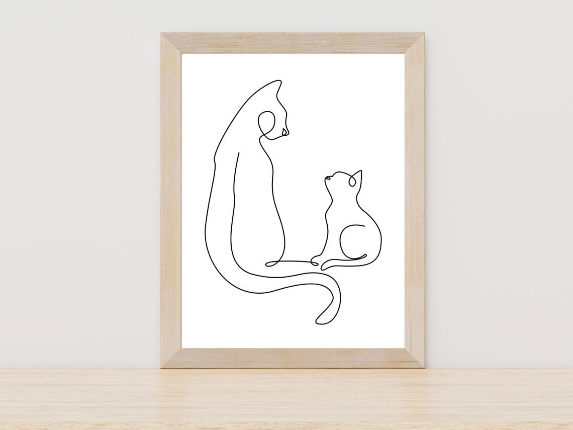 Two Cats Single Line Art Minimalist Cat Lover Gift Cute Pet Poster
