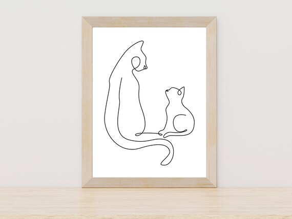 Two Cats Single Line Art Minimalist Cat Lover Gift Cute Pet Poster