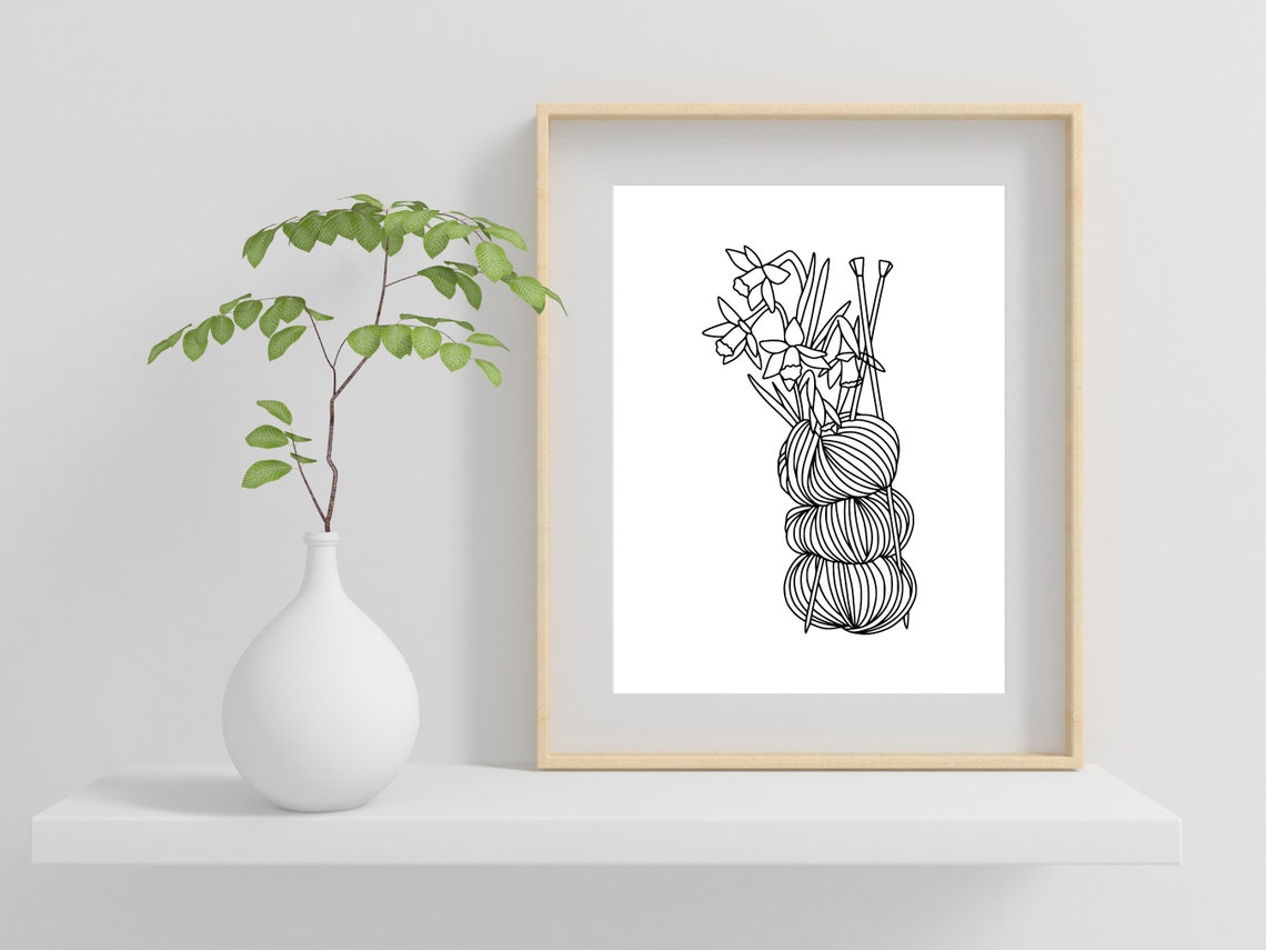 Yarn Balls Knitting Needles Floral Line Art Craft Lover Gift Poster - Image 2
