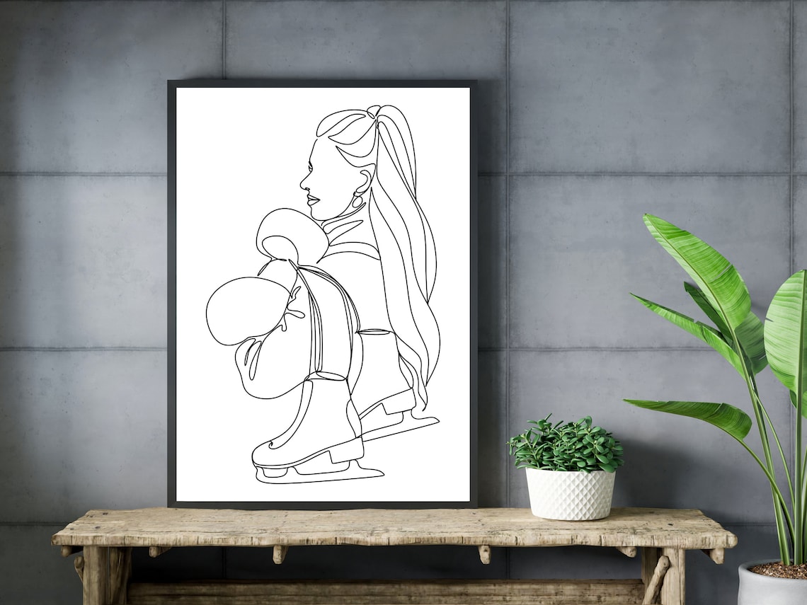 Figure Skater Woman Holding Ice Skates Minimalist Line Art Sport Poster - Image 3