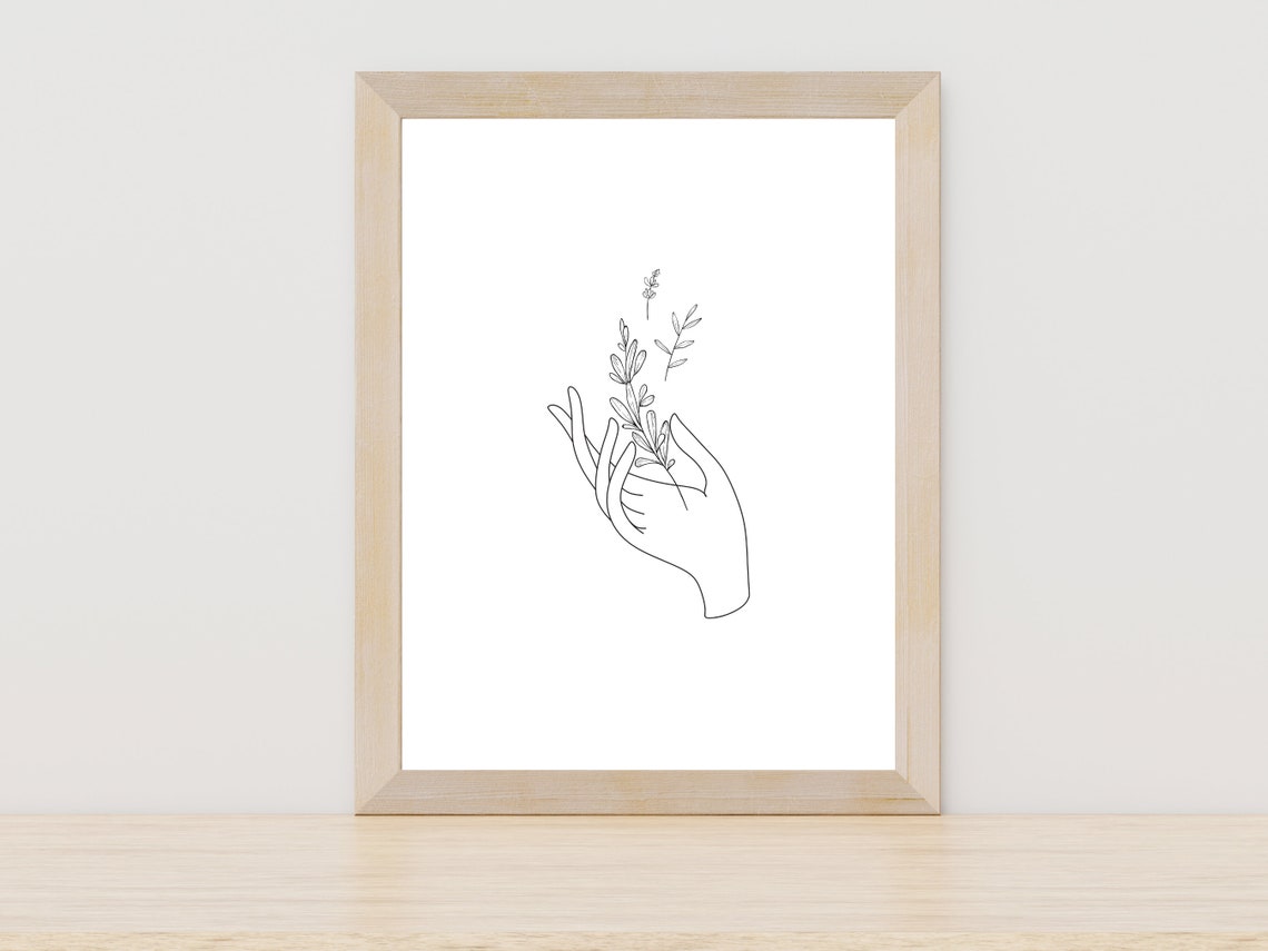 Hand Holding Leaves One Line Drawing Minimalist Botanical Art Poster