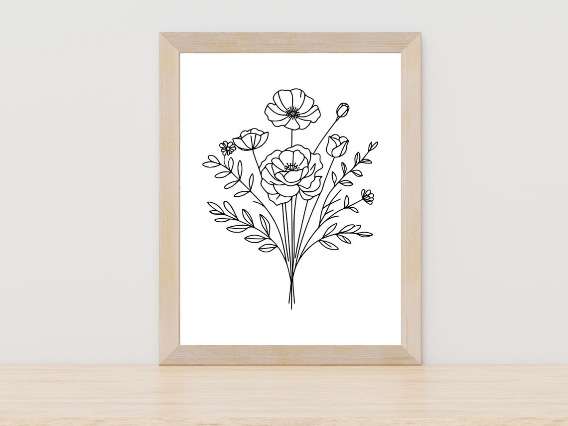 Wildflower Bouquet Line Art Print Minimalist Floral Wall Decor