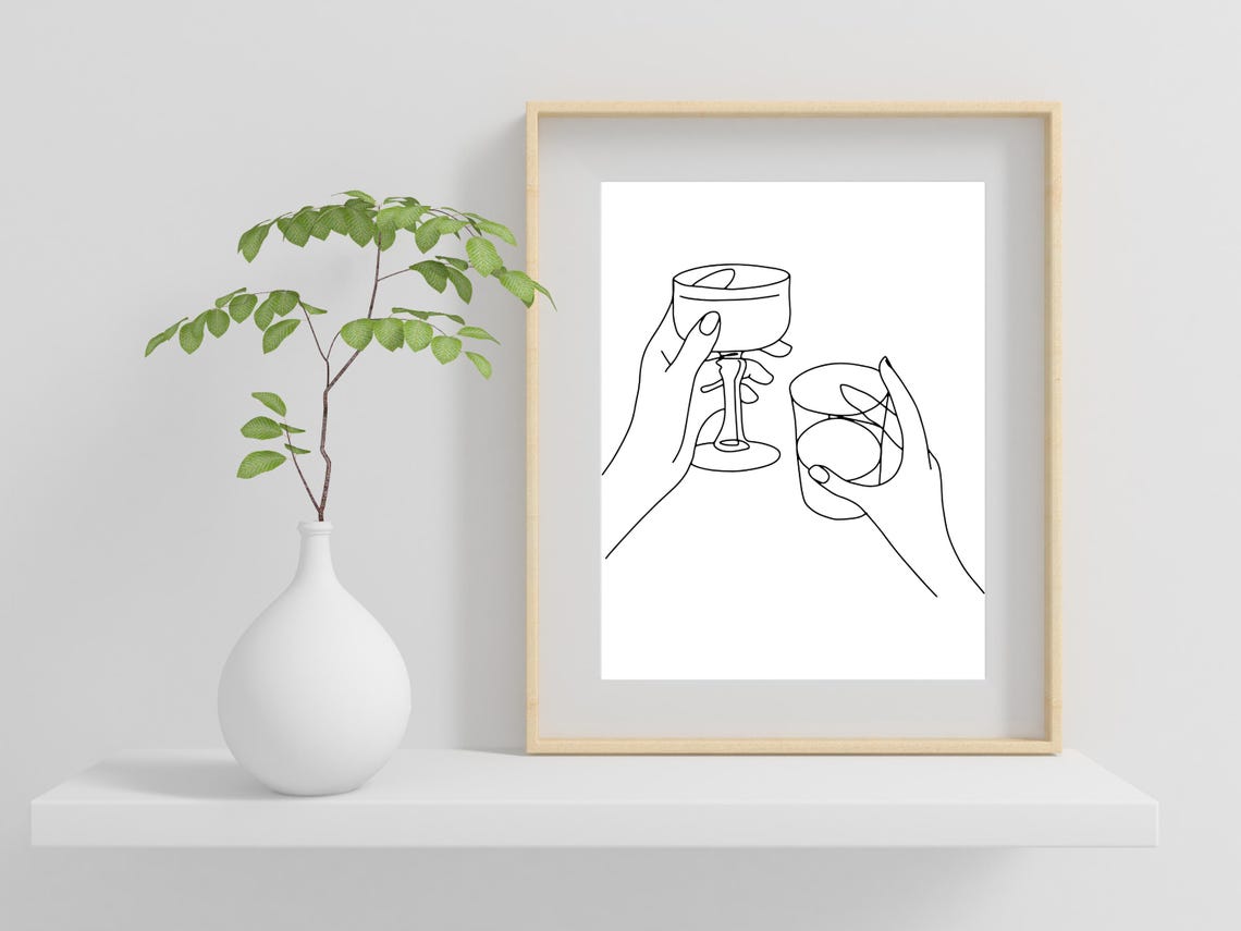 Cocktail Cheers Hands Line Art Minimalist Bar Cart Party Decor Poster - Image 2