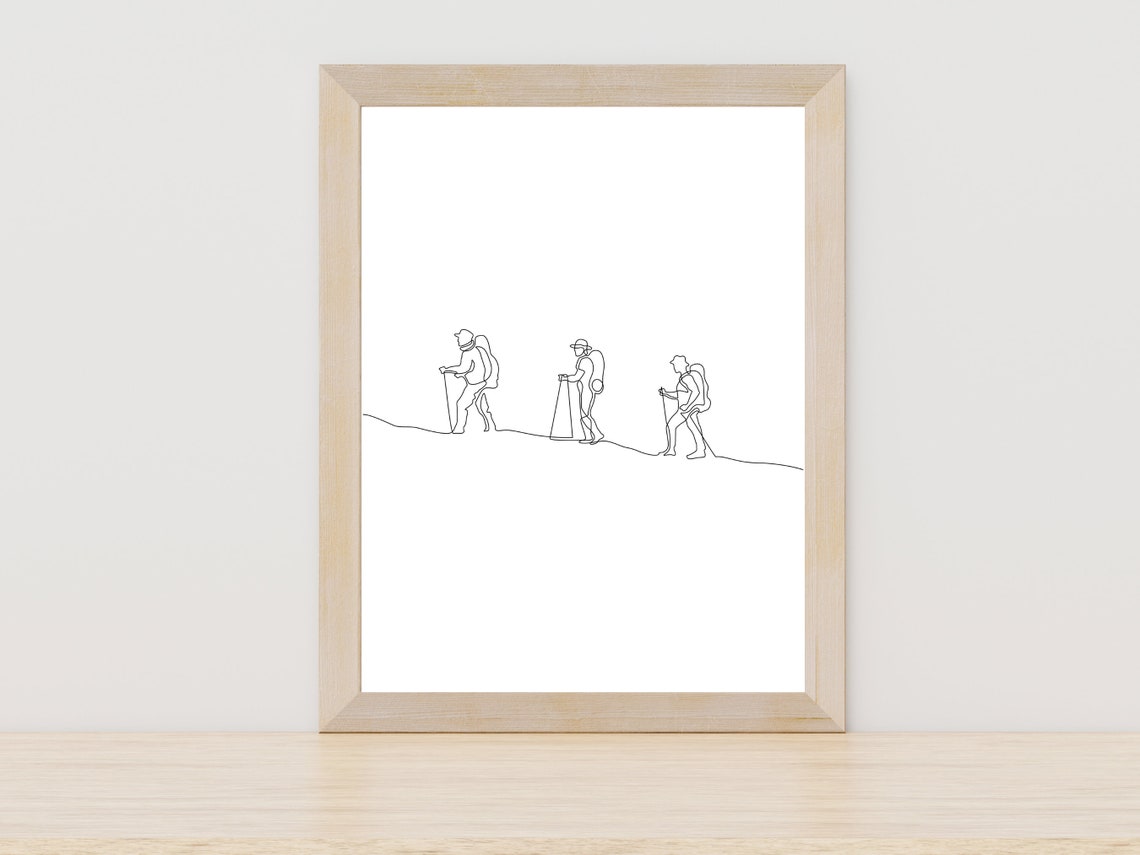 Three Hikers Mountain Trail Ridge Trek Minimalist Line Art Print