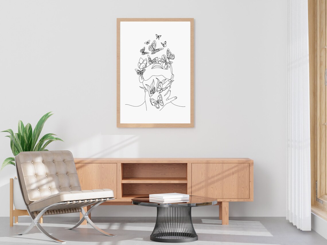 Beautiful Woman Face With Butterflies Blooming Floral Line Art Print - Image 2