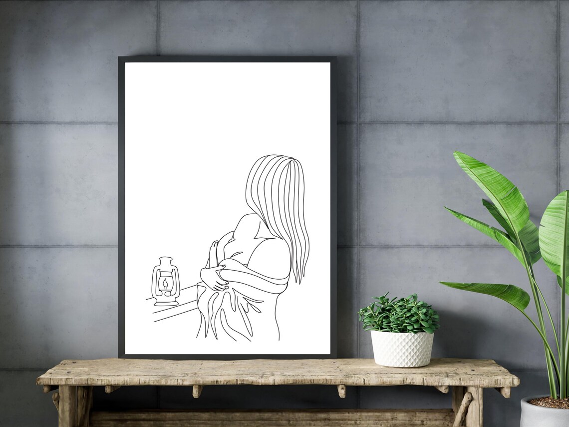Woman with Lantern Single Line Art Minimalist Cozy Glow Poster - Image 3