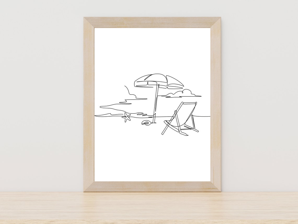Beach Umbrella Chair One Line Art Coastal Vacation Decor Wall Art