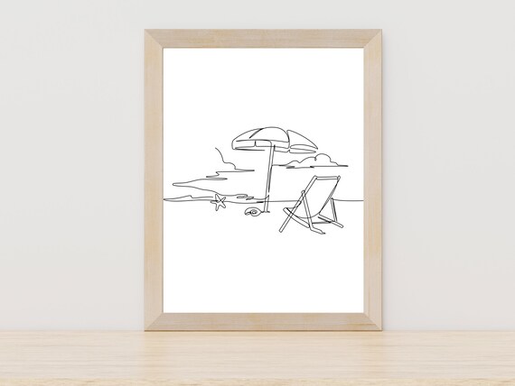 Beach Umbrella Chair One Line Art Coastal Vacation Decor Wall Art