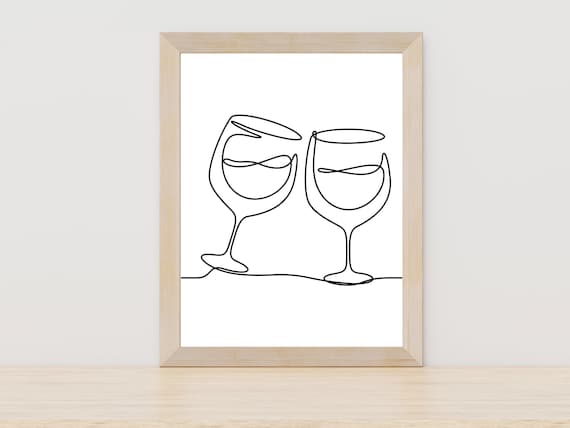 Two Wine Glasses Cheers Toast Minimalist Line Art Kitchen Poster
