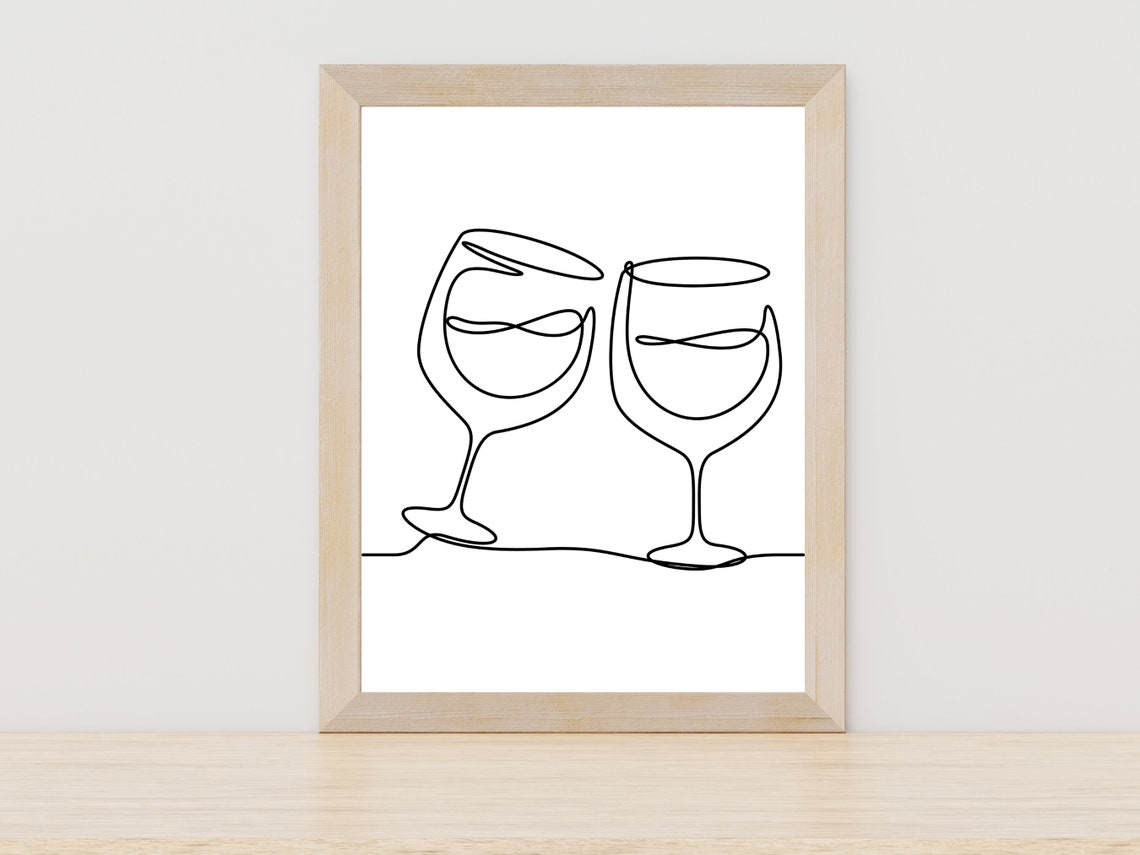 Two Wine Glasses Cheers Toast Minimalist Line Art Kitchen Poster
