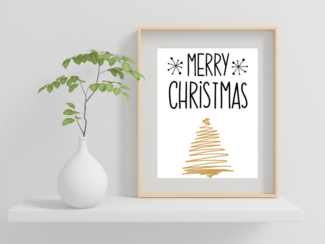 Merry Christmas Hand Lettered Gold Tree Festive Holiday Decor Print - Image 2