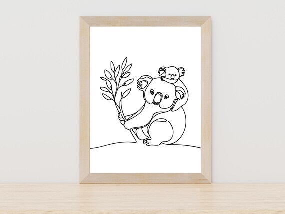 Koala Mother and Baby Joey Line Art Australian Nursery Poster