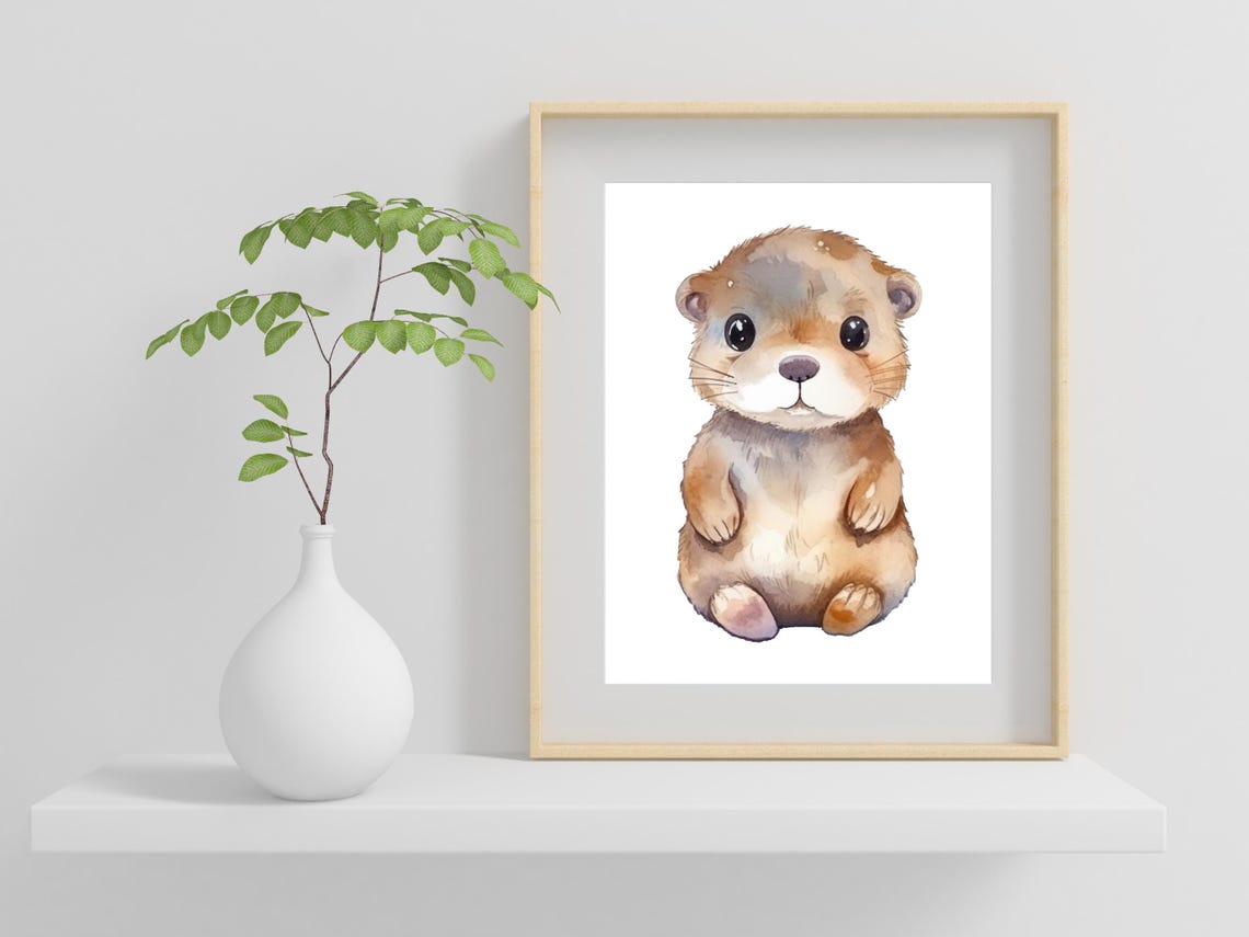 Cute Watercolor Baby Otter Nursery Animal Wall Art Decor Gift - Image 2