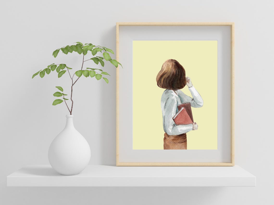 Watercolor Woman With Book Back View Soft Yellow Backdrop Poster - Image 2