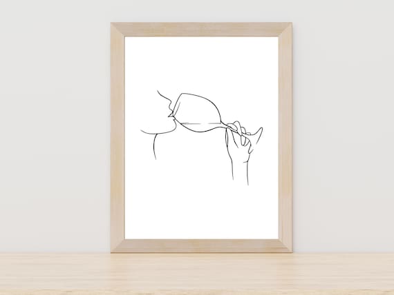 Woman Drinking Wine Single Line Art Minimalist Girls Night Poster