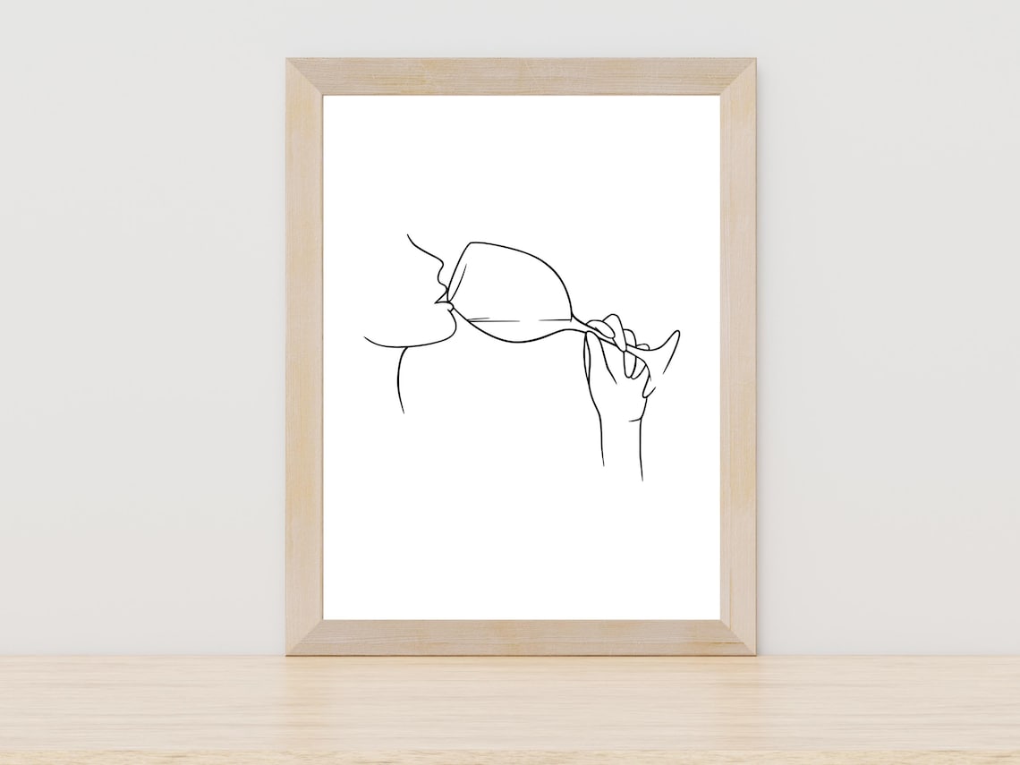 Woman Drinking Wine Single Line Art Minimalist Girls Night Poster