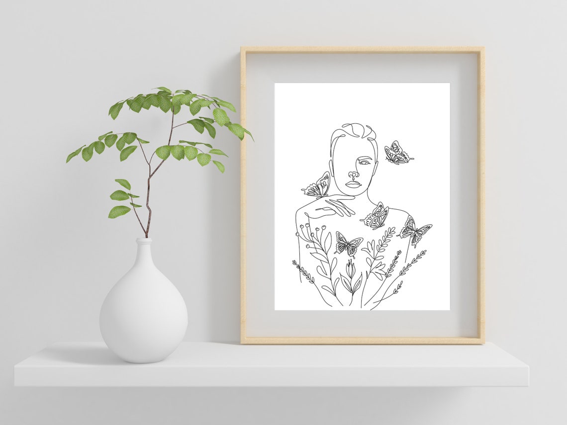 Woman With Butterflies Floral Line Art Botanical Feminine Poster - Image 2
