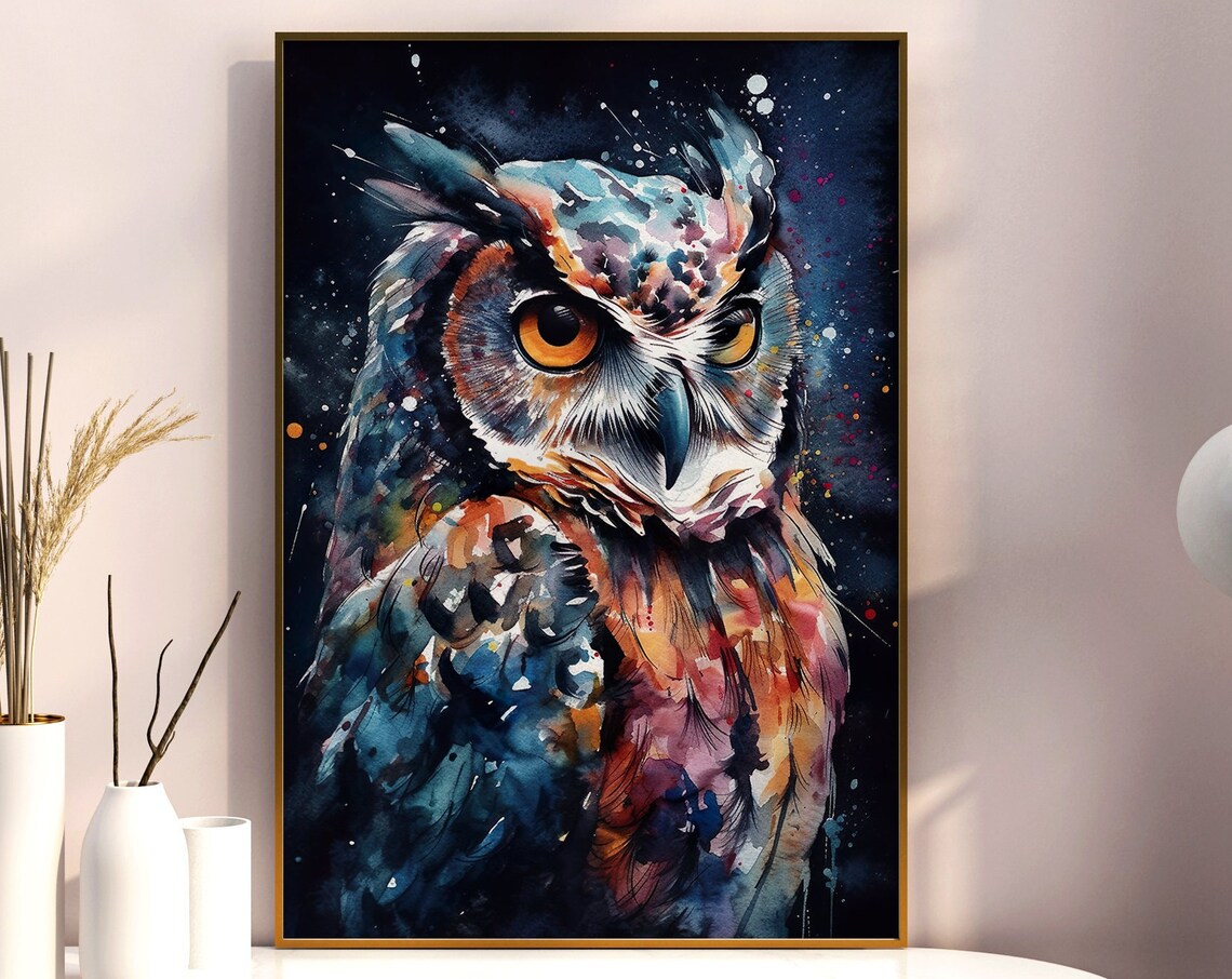 Owl Watercolor Portrait Night Sky Dark Moody Wildlife Art Poster