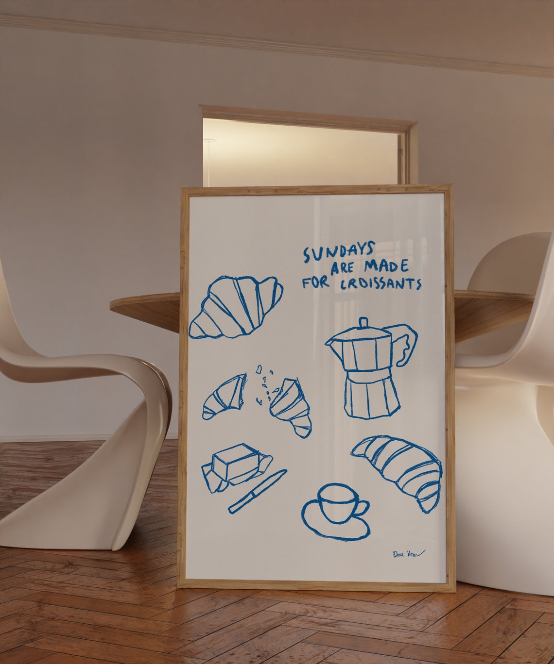Sundays Are Made For Croissants Blue Line Art Sketch Kitchen Poster - Image 4