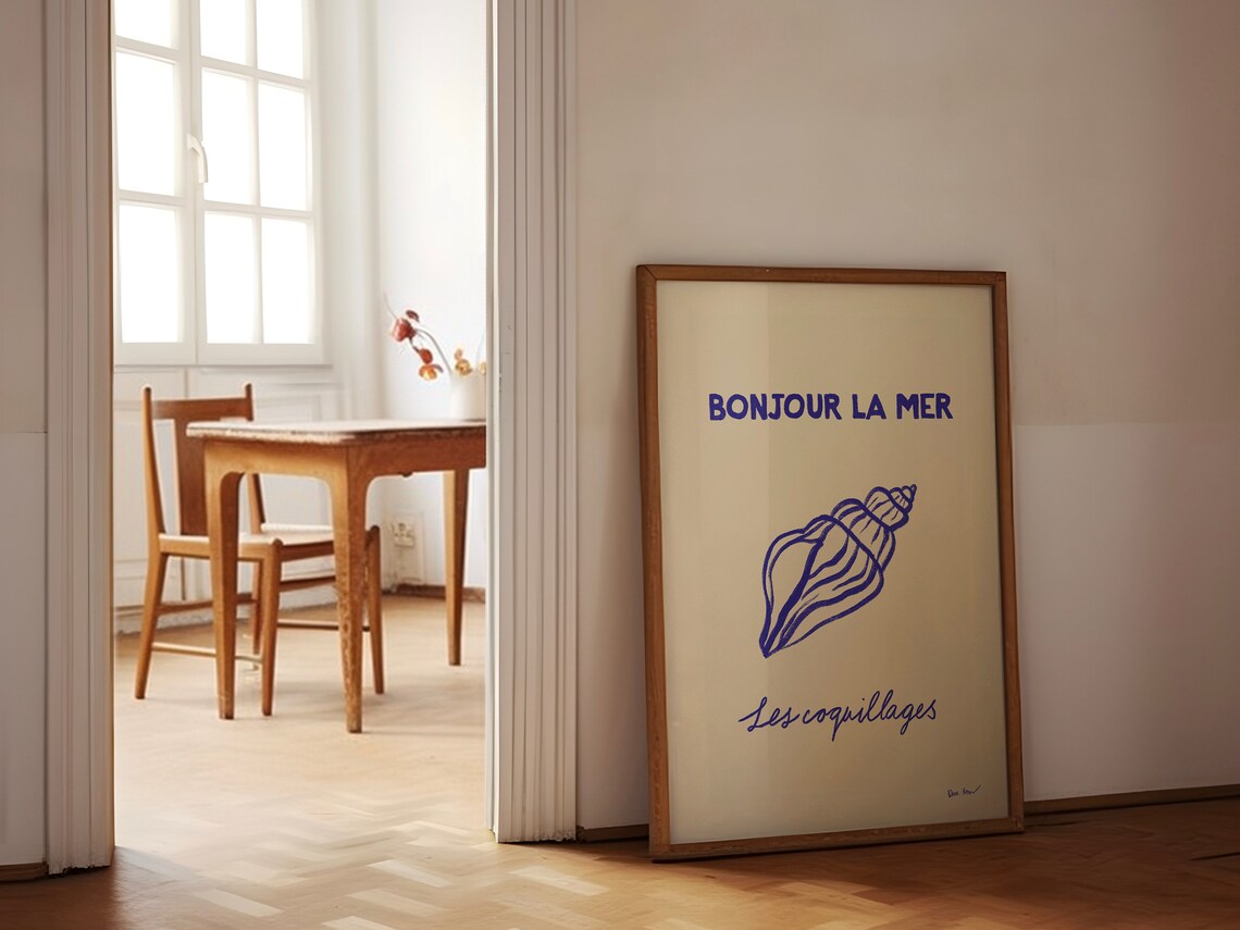 Bonjour La Mer French Blue Seashell Coastal Line Art Decor Poster - Image 2
