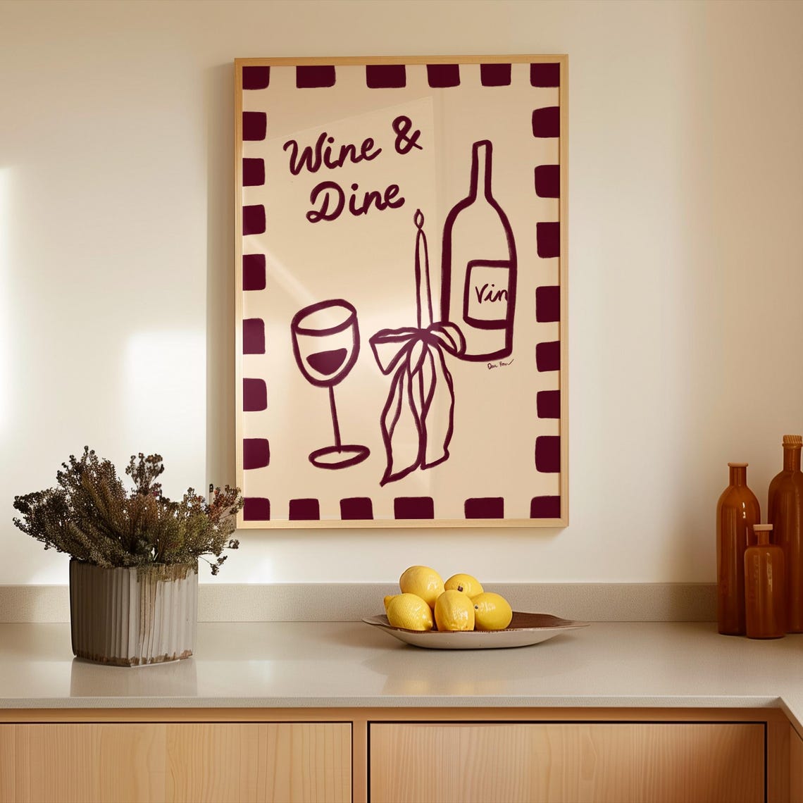 Wine And Dine Hand Drawn Wine Illustration Kitchen Retro Poster - Image 2