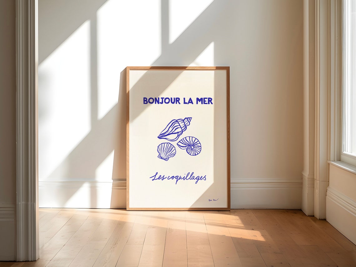 Bonjour La Mer French Seashell Coastal Blue Illustration Poster - Image 3