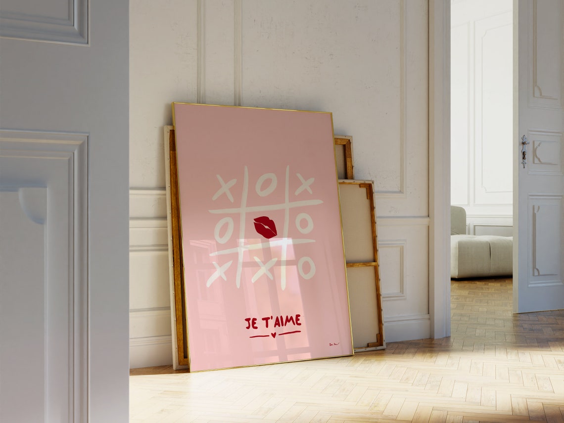 Je Taime Tic Tac Toe Pink Lips French Love Typography Poster - Image 2