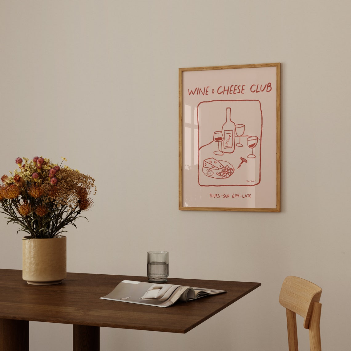 Wine and Cheese Club Red Line Art Pinot Glasses Dinner Party Poster - Image 4