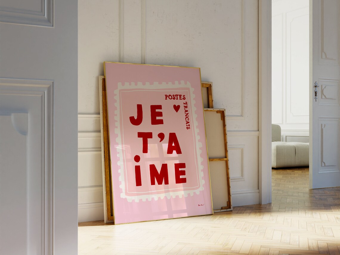 Je Taime French Postage Stamp Retro Red Heart Romantic Love Wall Art - Image 3