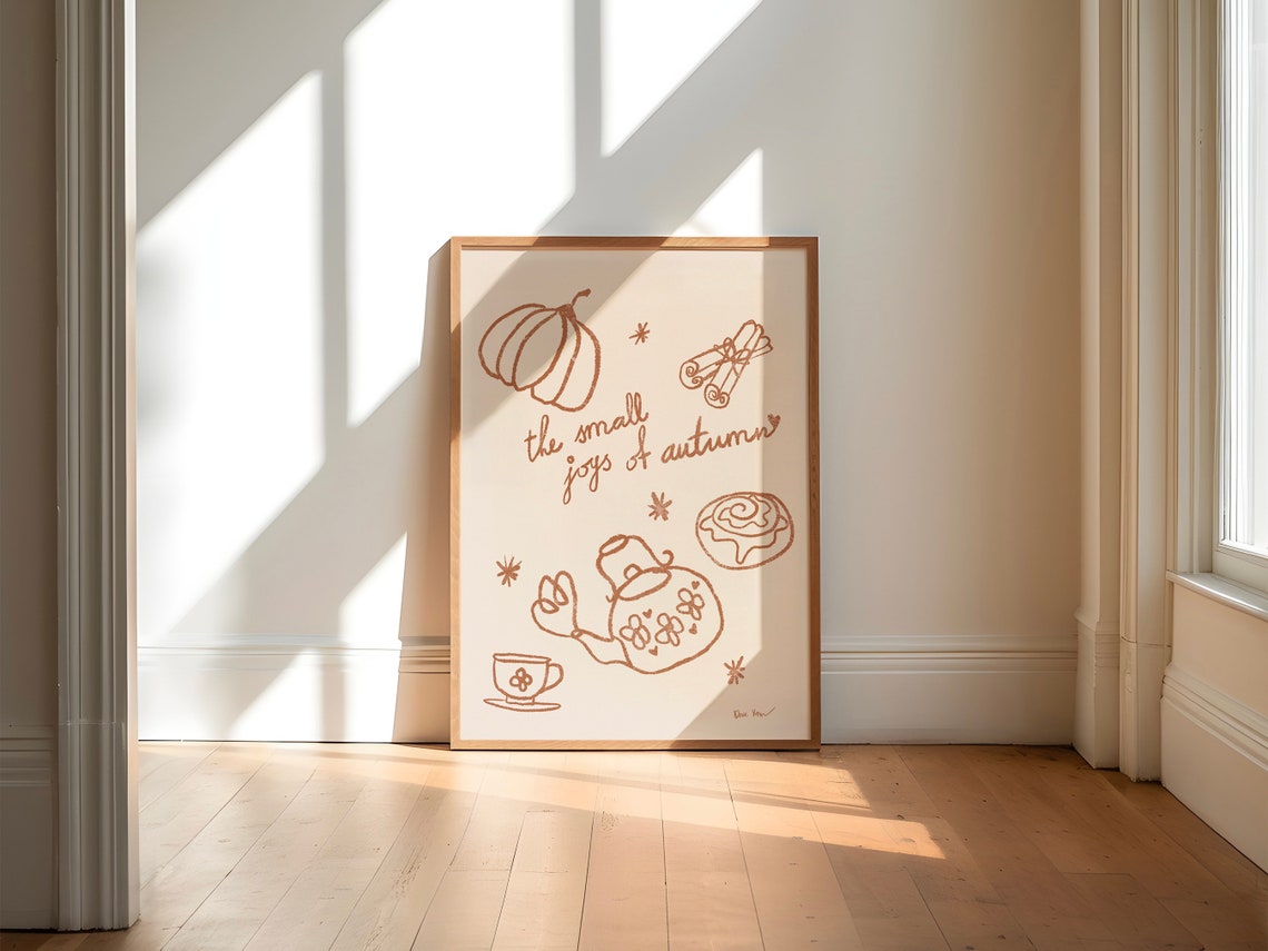 The Small Joys Of Autumn Pumpkin Tea Copper Line Art Fall Wall Art - Image 3