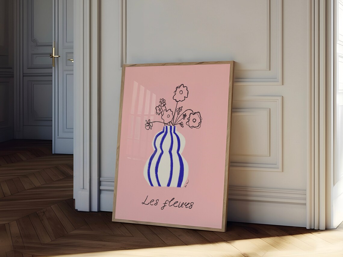Les Fleurs Pink Striped Vase French Floral Still Life Poster