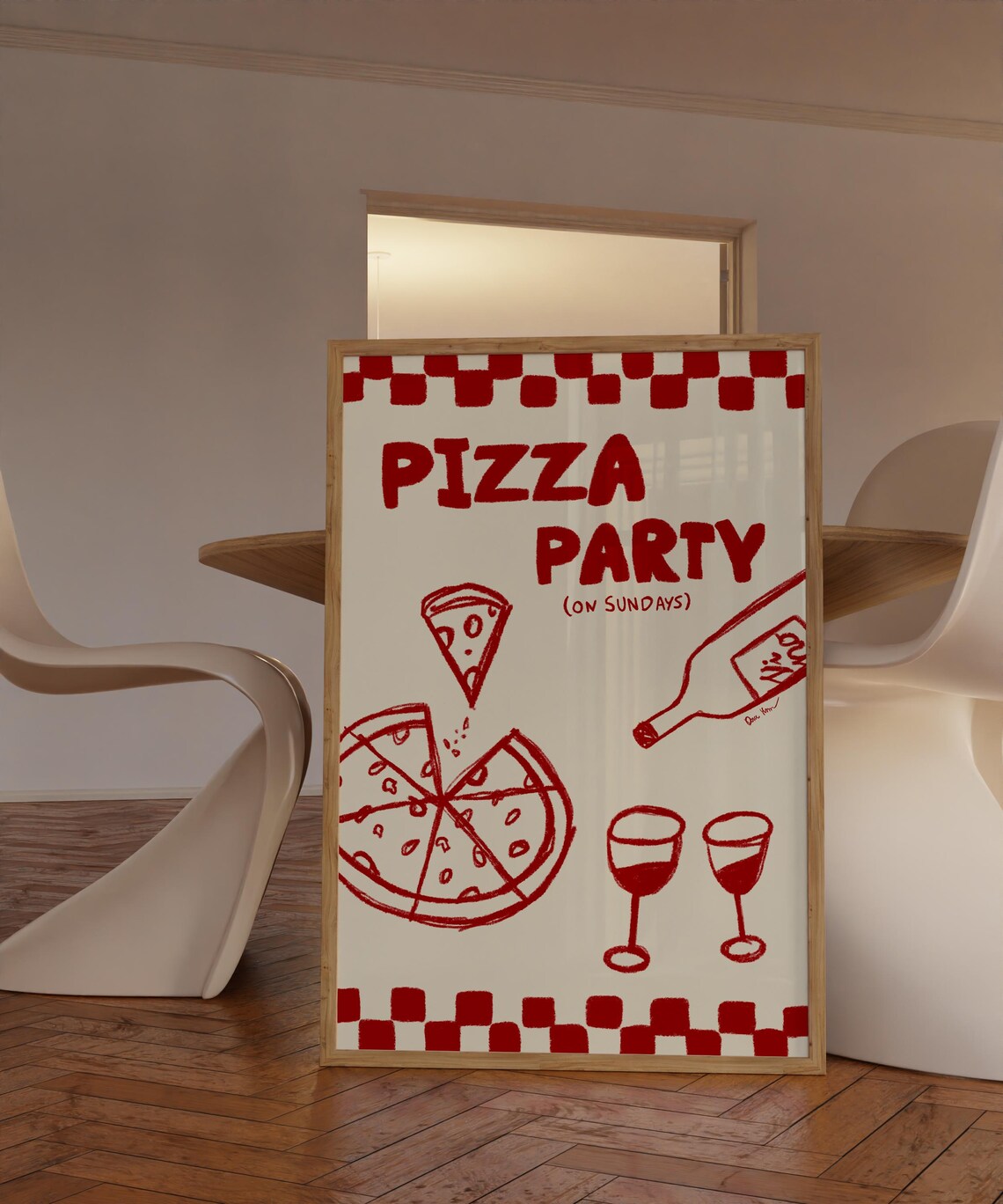 Pizza Party On Sundays Red Retro Kitchen Food Fun Art Poster - Image 3