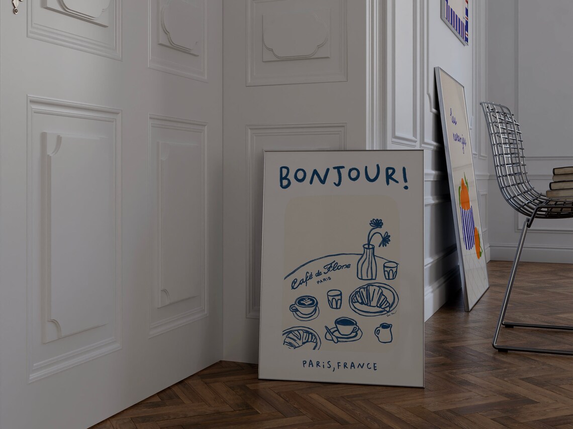 Bonjour Paris Cafe De Flore Croissant Coffee French Travel Poster - Image 3