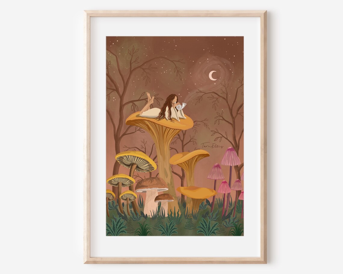 Earth Song Mushroom Poster, Whimsical Boho Folk Art