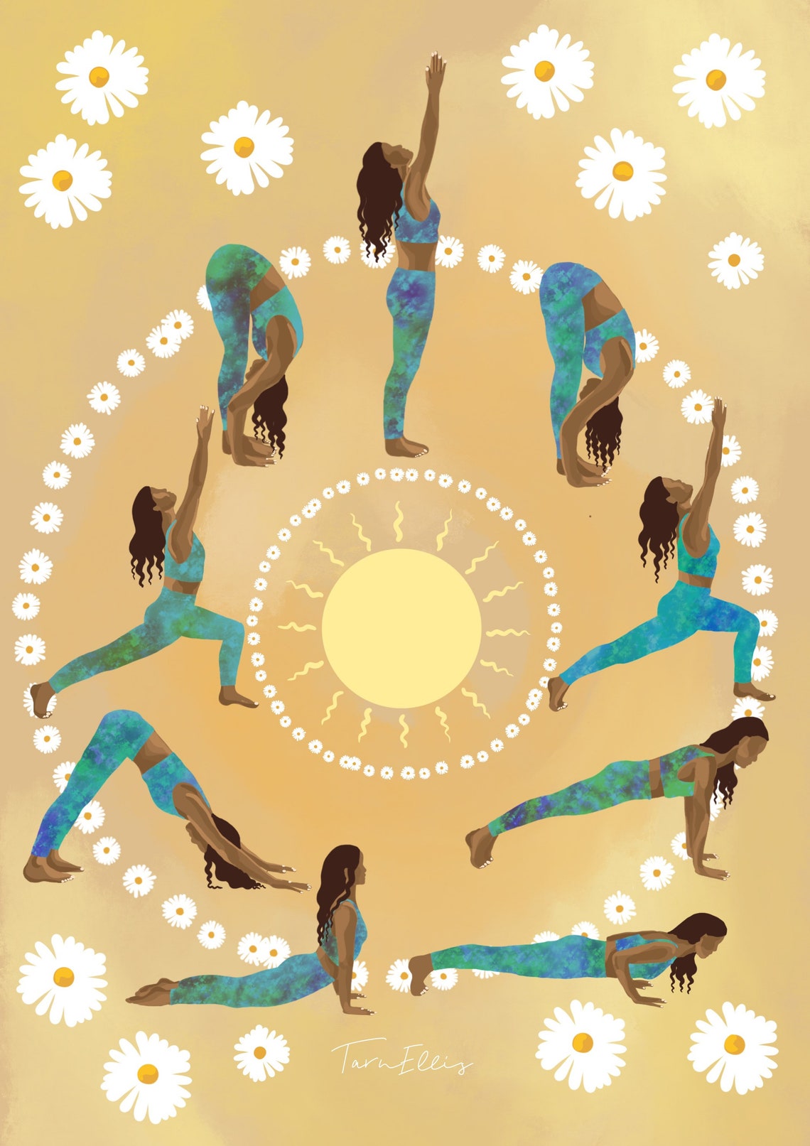 Sun Salutation Yoga Sequence Golden Daisies Spiritual Poster - Image 3