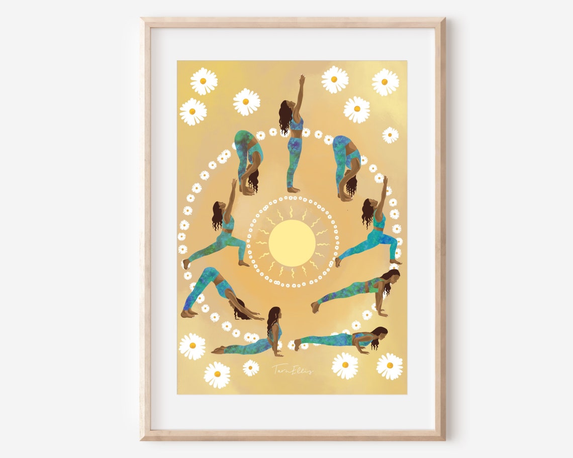 Sun Salutation Yoga Sequence Golden Daisies Spiritual Poster