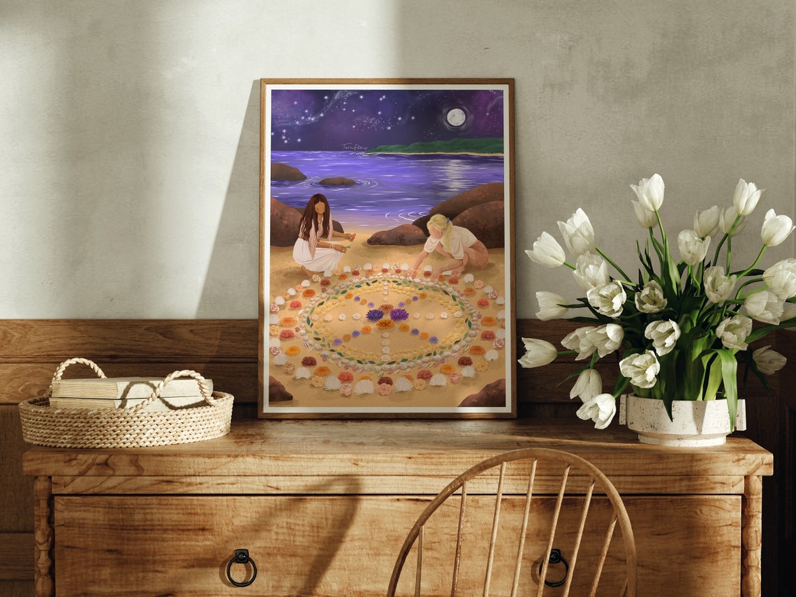 Moonlit Beach Earth Altar Shell Flower Mandala Ceremony Women Poster - Image 2