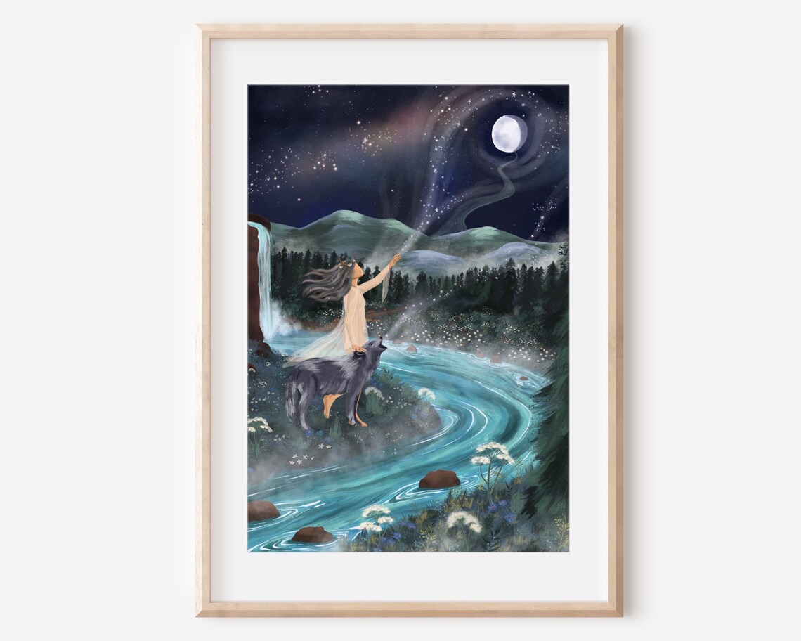 Wild Wolf Woman Gaia Celestial Folk Art Poster