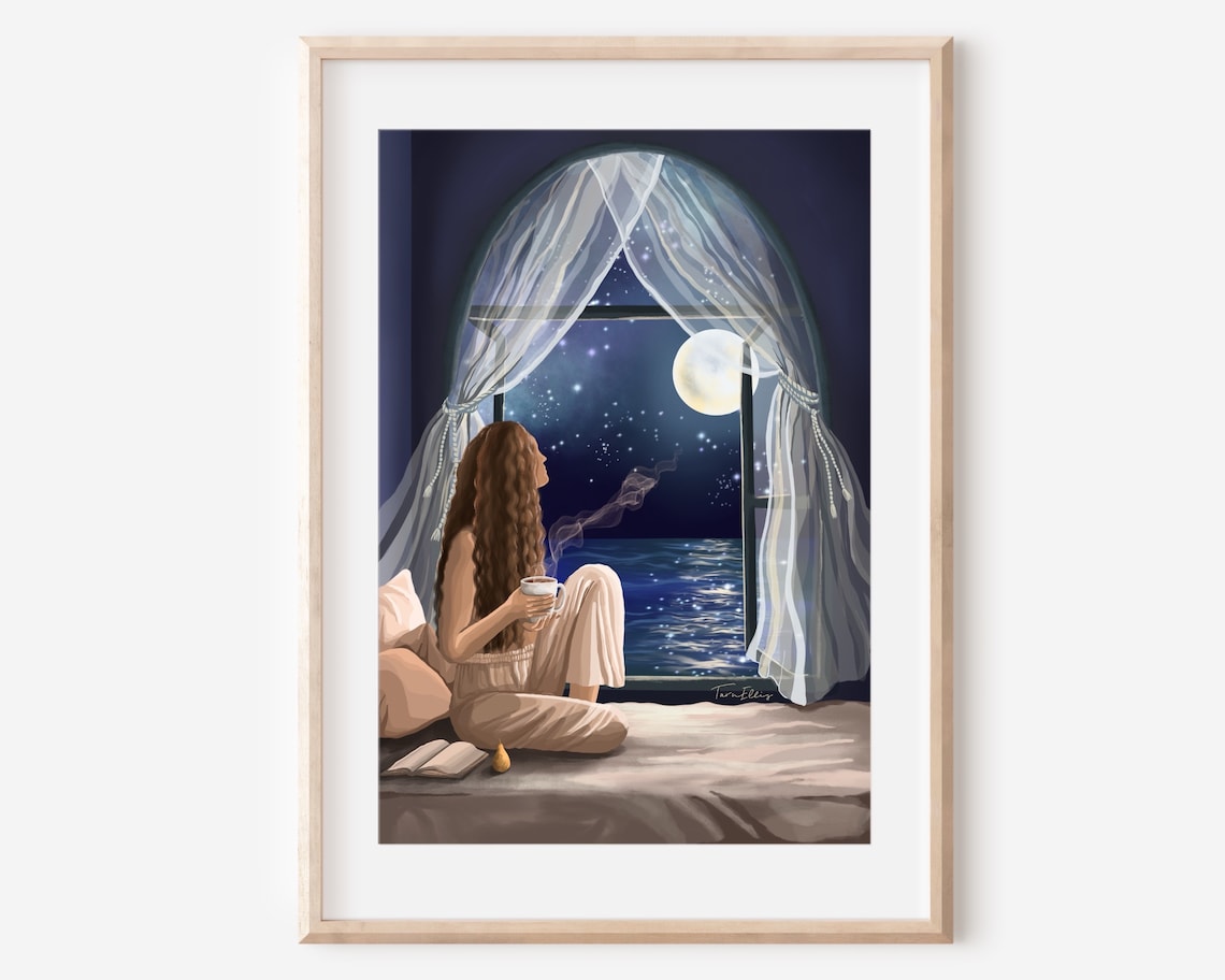 Dream On Moon Ocean Travel Poster, Dreamy Visionary
