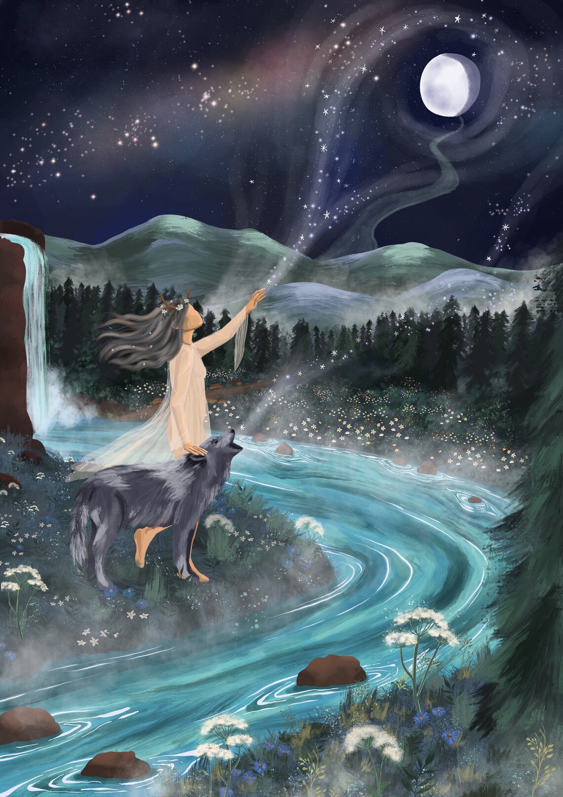 Wild Wolf Woman Gaia Celestial Folk Art Poster - Image 3