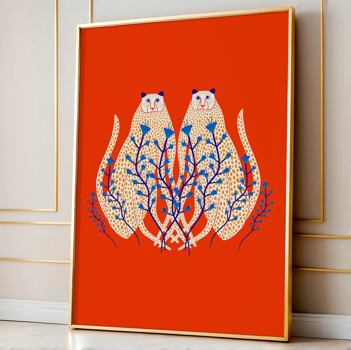 Twin Spotted Cheetahs with Blue Flowers Bold Red Statement Wall Art