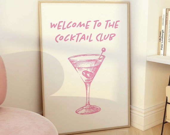 Cocktail Club Print Art Cute Pink Bar Car Print Neutral Cocktail Bar Art Trendy Kitchen Wall Art