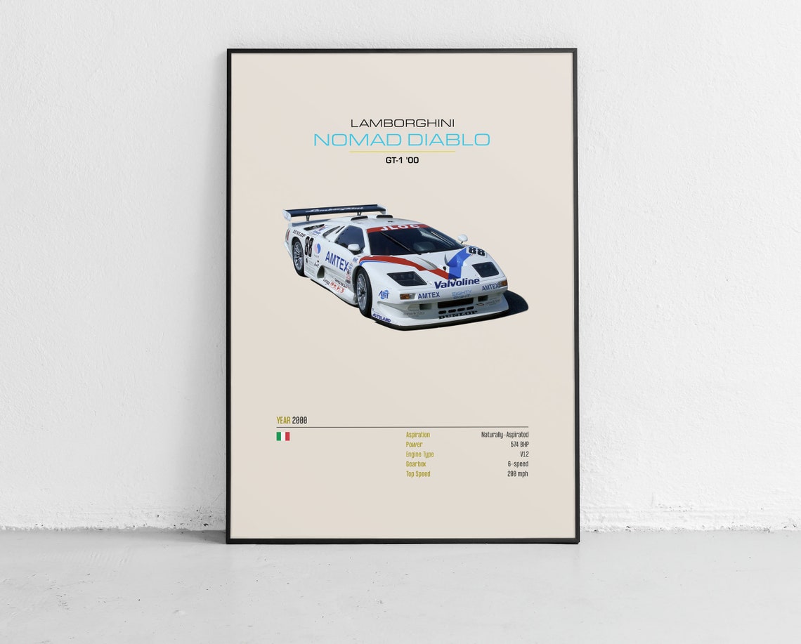 Lamborghini Nomad Diablo GT-1 2000 V12 Race Car Spec Sheet Poster