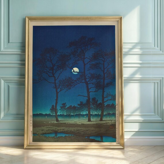 Hasui Kawase Winter Moon Night Pines Japanese Woodblock Style Art Poster