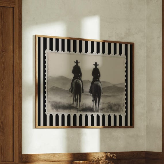 Two Cowboys Riding Into Horizon Western Sketch