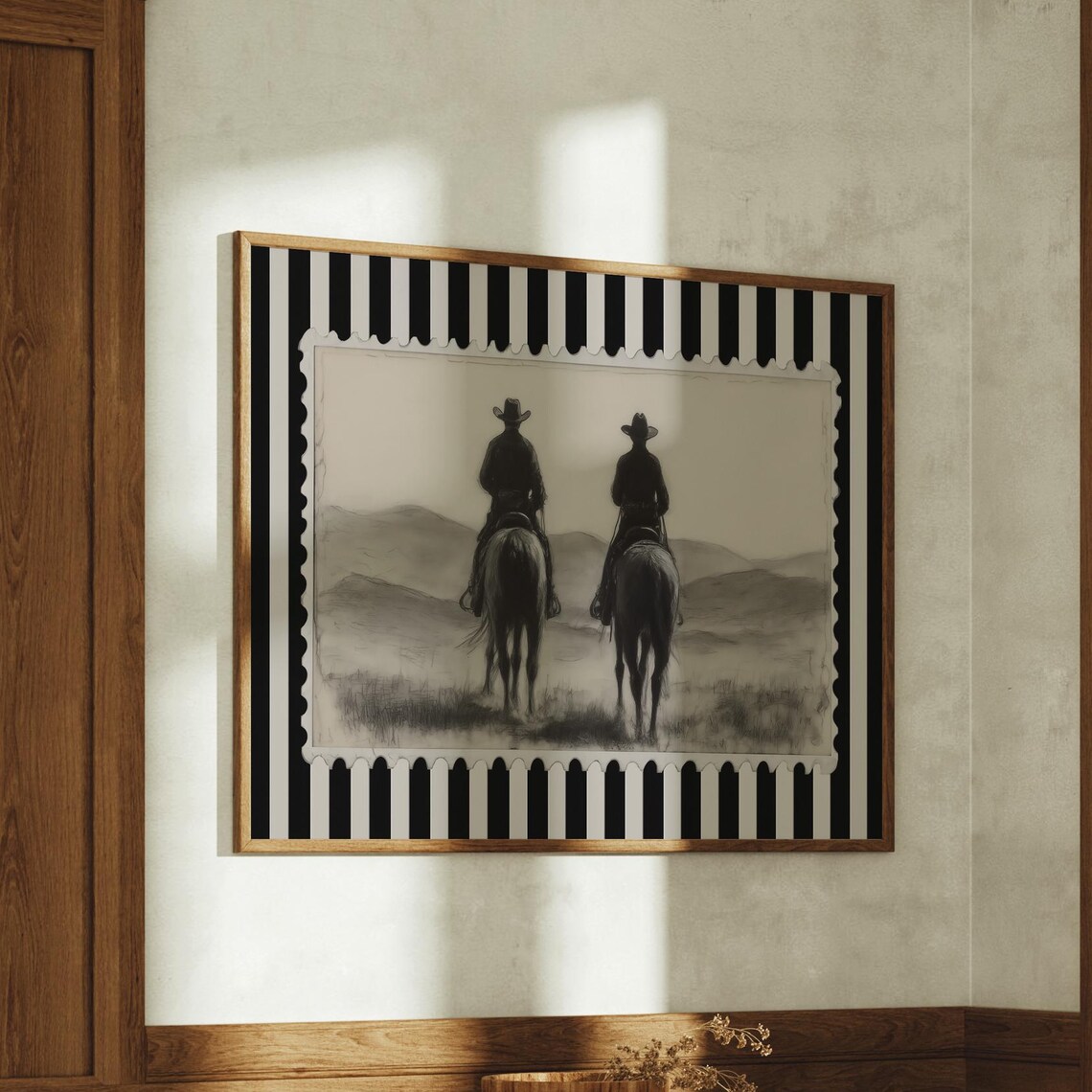 Two Cowboys Riding Silhouette Striped Stamp Style Western Art Poster