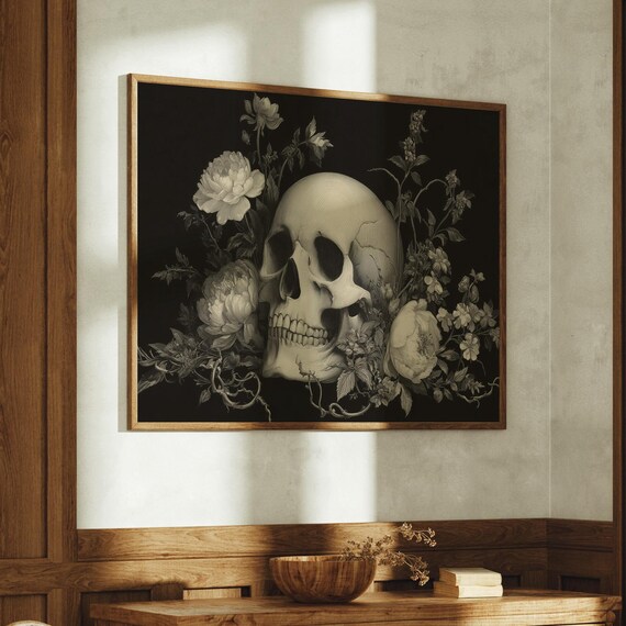 Floral Skull Engraving In Dark Botanical Style