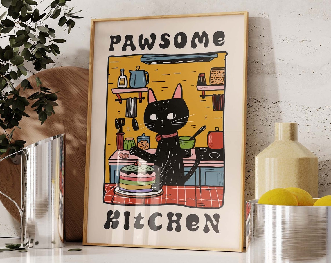 Pawsome Kitchen Funny Black Cat Chef Baking A Layer Cake Retro Poster