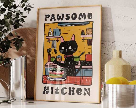 Pawsome Kitchen Funny Black Cat Chef Baking A Layer Cake Retro Poster
